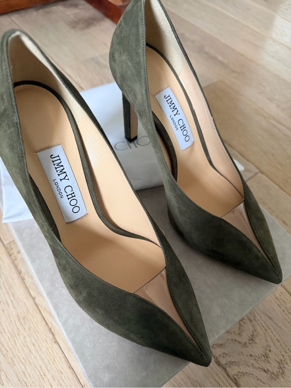 Jimmy Choo Baker 100 Vine Suede Pump w/ Clear Plexi Insert Sz 38 NIB - Picture 3 of 8